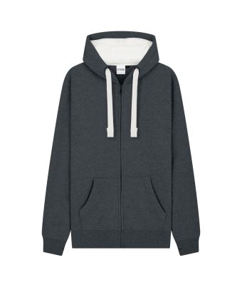 Peach Finish Full Zip Hood with Phone Pocket & Thumb Holes - Black Melange / XS